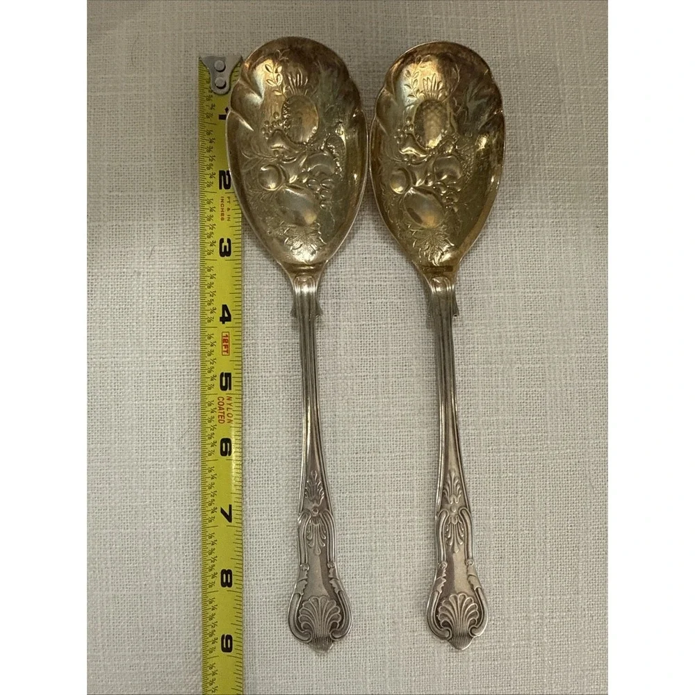 Sheffield England Embossed Fruits Silver and‎ Gold Plated Serving Spoons 8 1/2